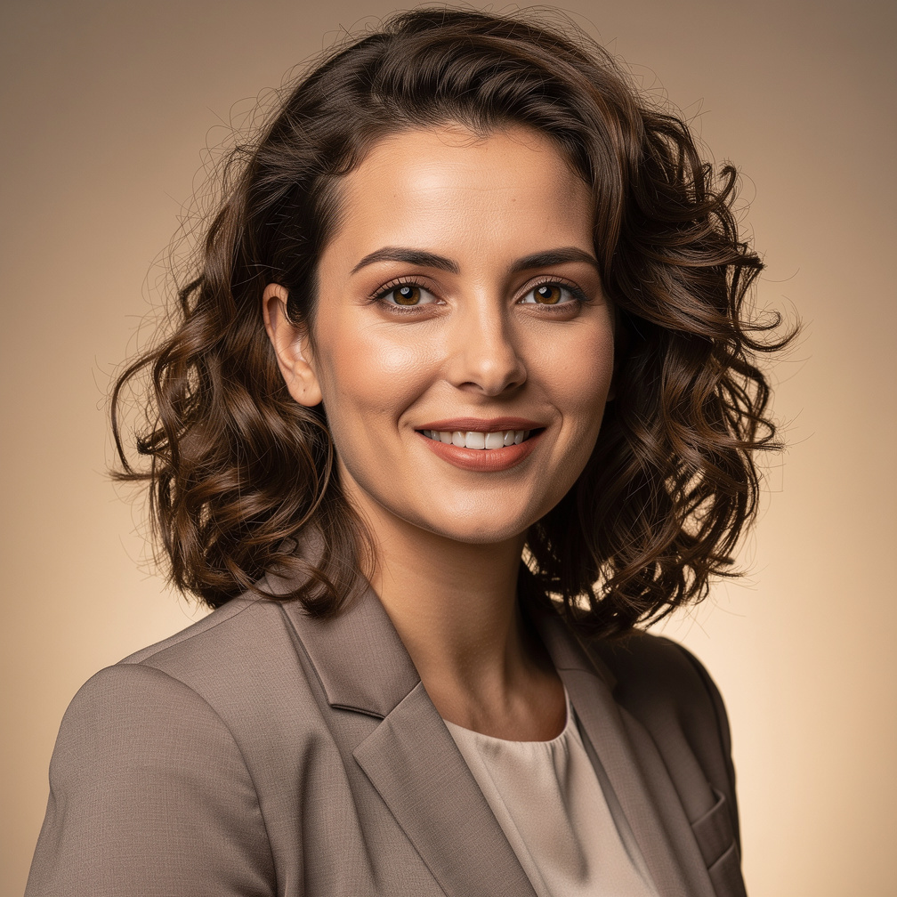 Portrait of a smiling European woman with curly hair, creative director