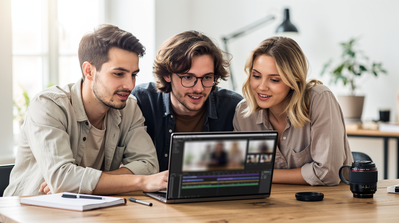Creative team reviewing footage together on a laptop during a production shoot