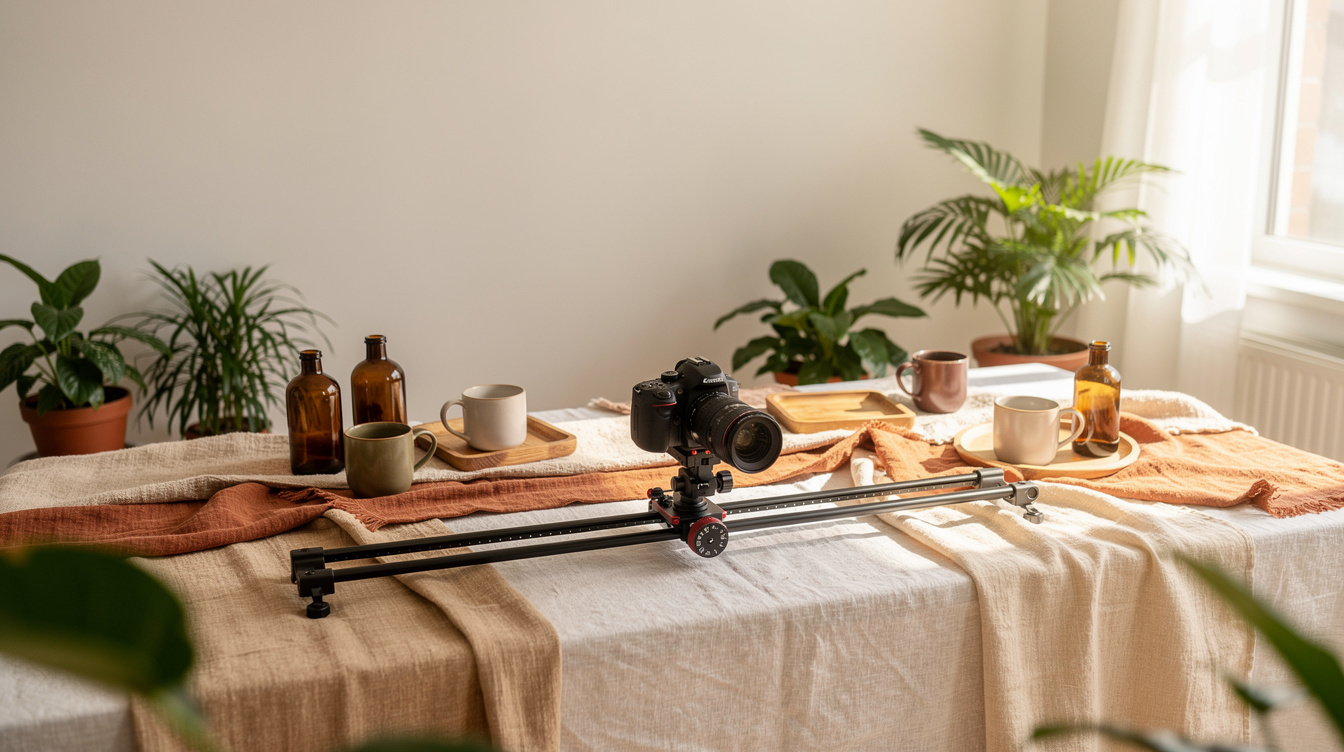 Wide view of a styled lifestyle photography set with plants and warm props