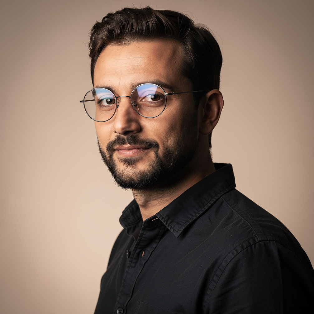 Portrait of a bearded man wearing glasses, lighting director