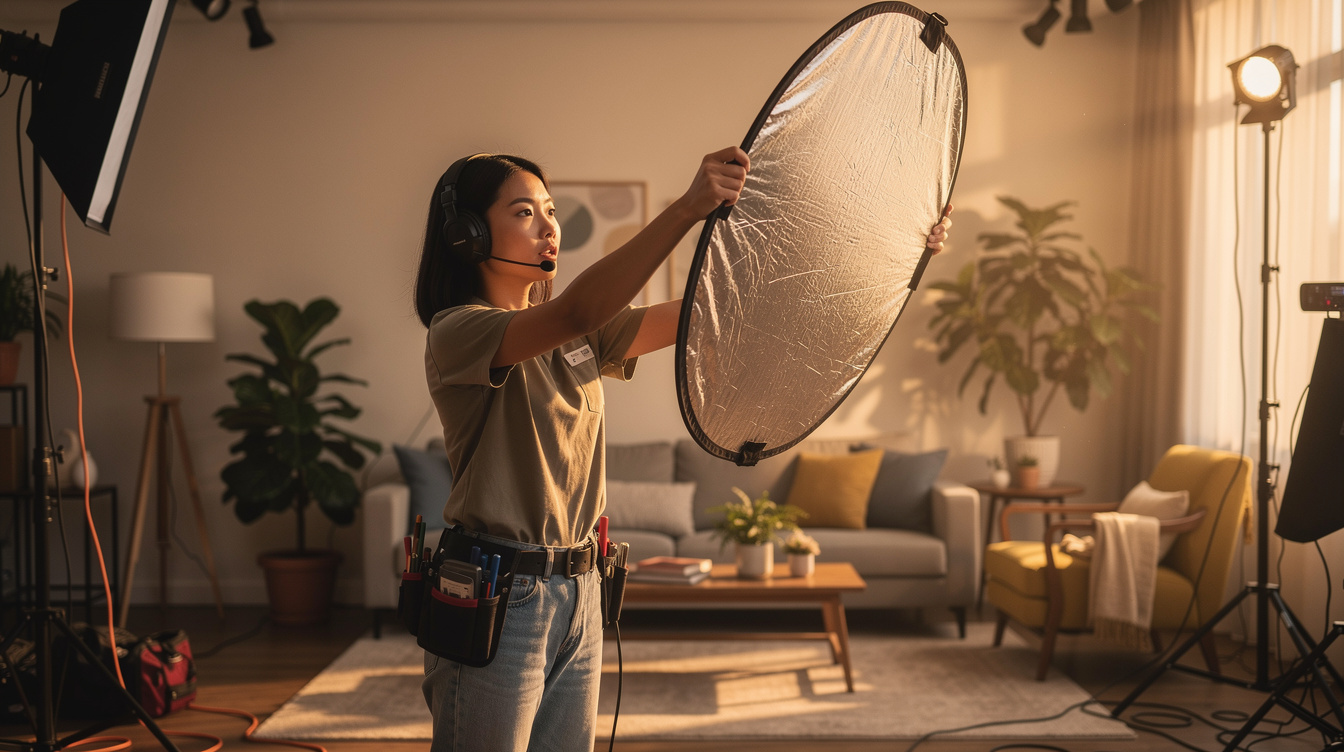 Production assistant adjusting a light reflector on a styled studio set