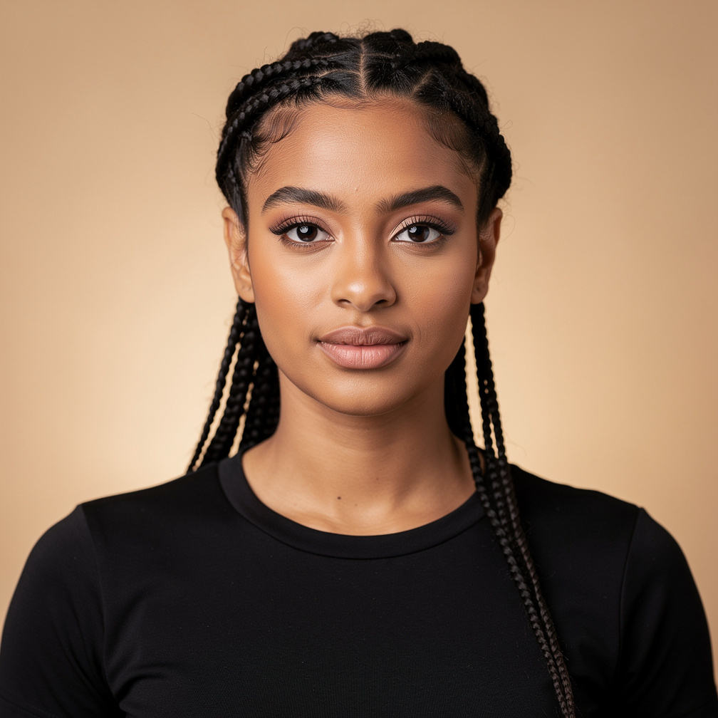 Portrait of a young North African woman with braided hair, camera operator