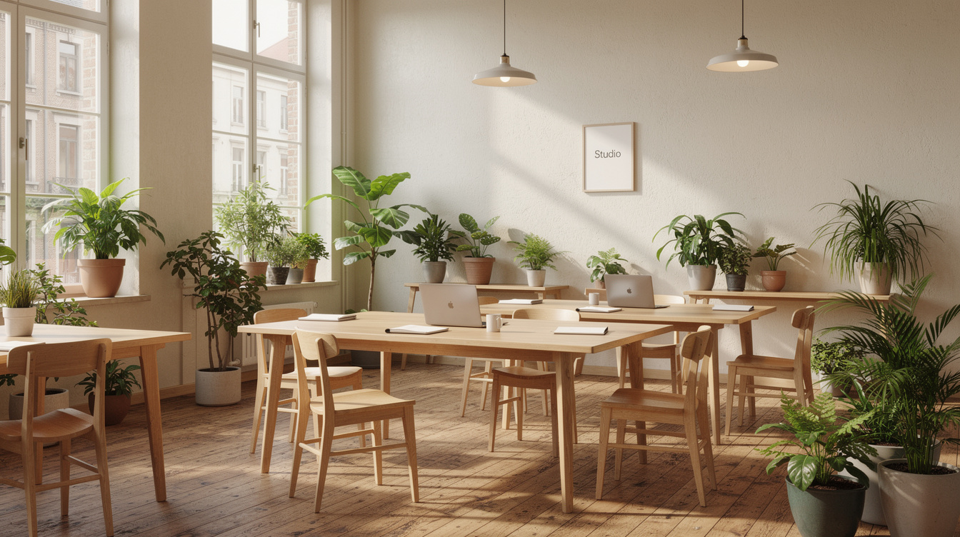Bright creative studio office space with plants and desks