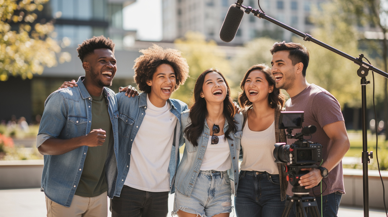 Diverse group of content creators laughing together outdoors during a lifestyle shoot