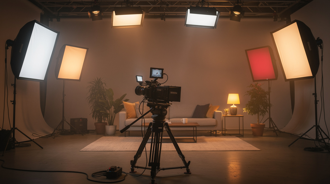 Studio set lit with multiple colored gels and softboxes