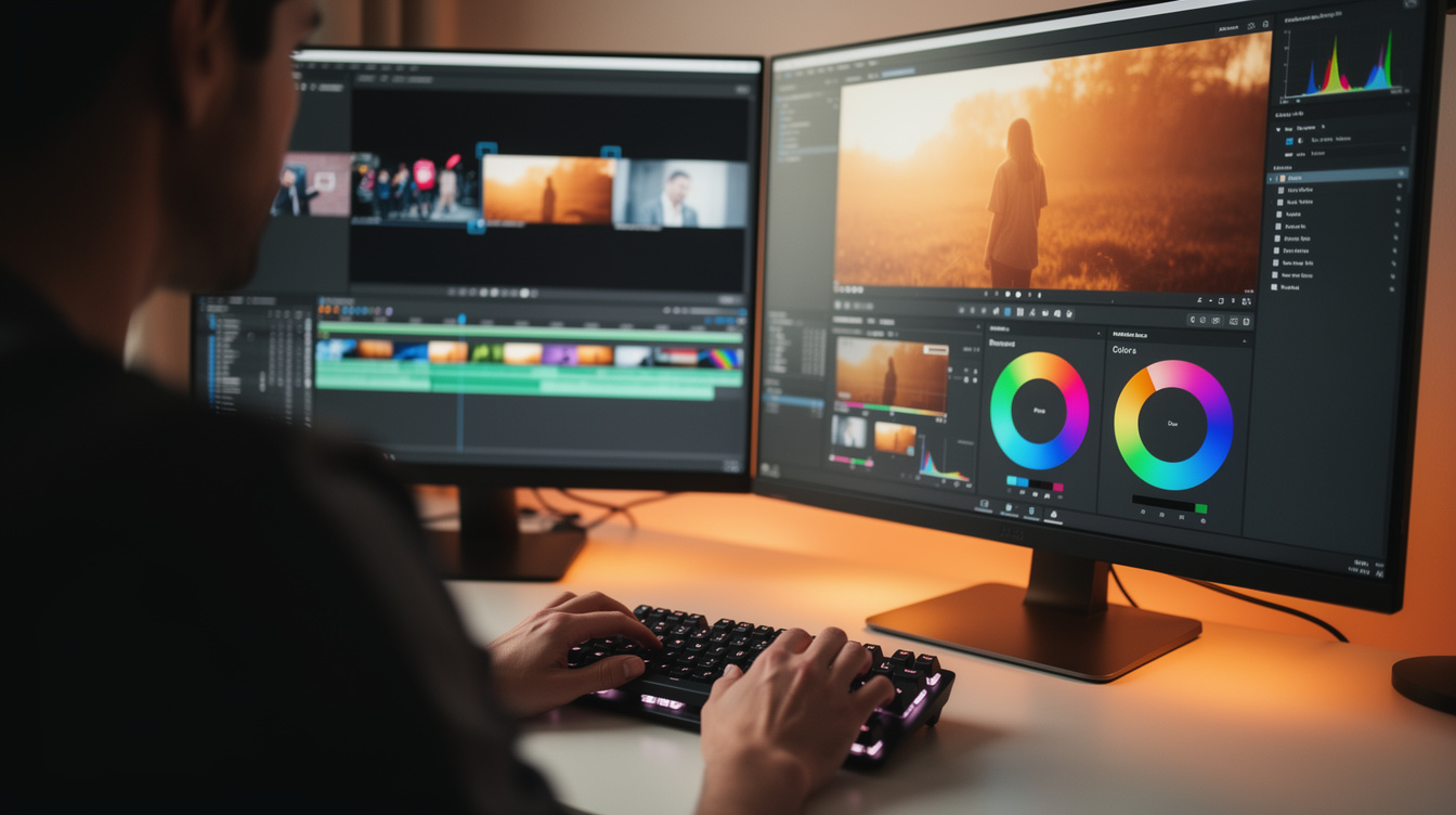 Video editor working on color grading footage at a desk with two monitors