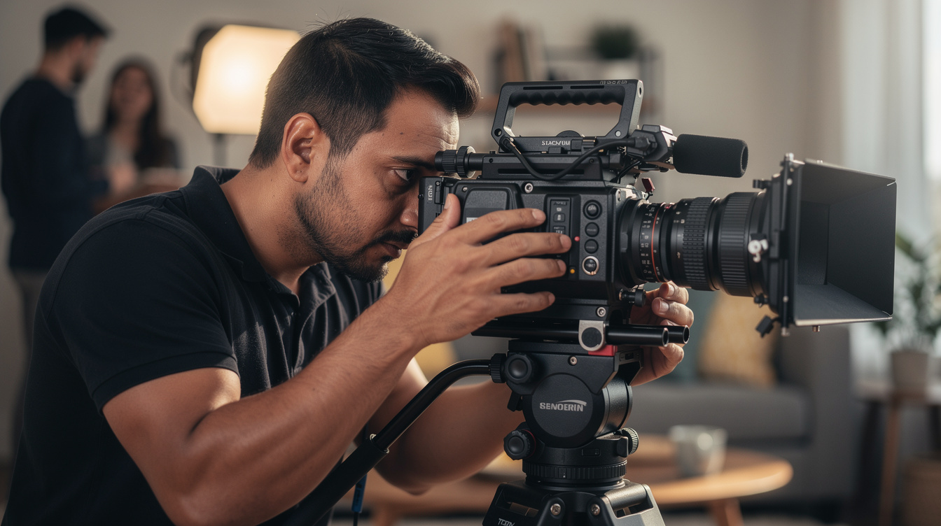 Camera operator framing a shot through a viewfinder on set