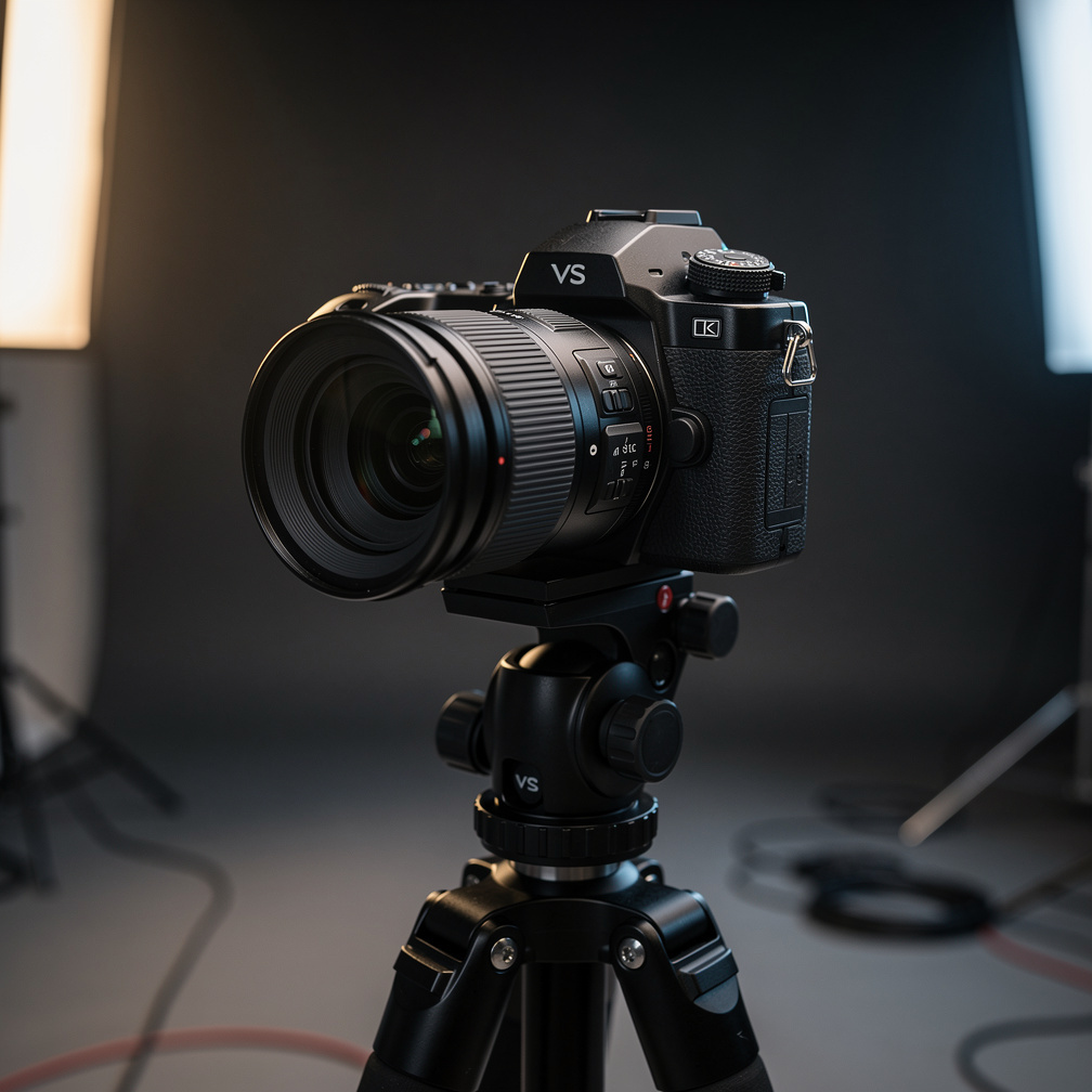 Close up of a professional mirrorless camera mounted on a tripod in a studio