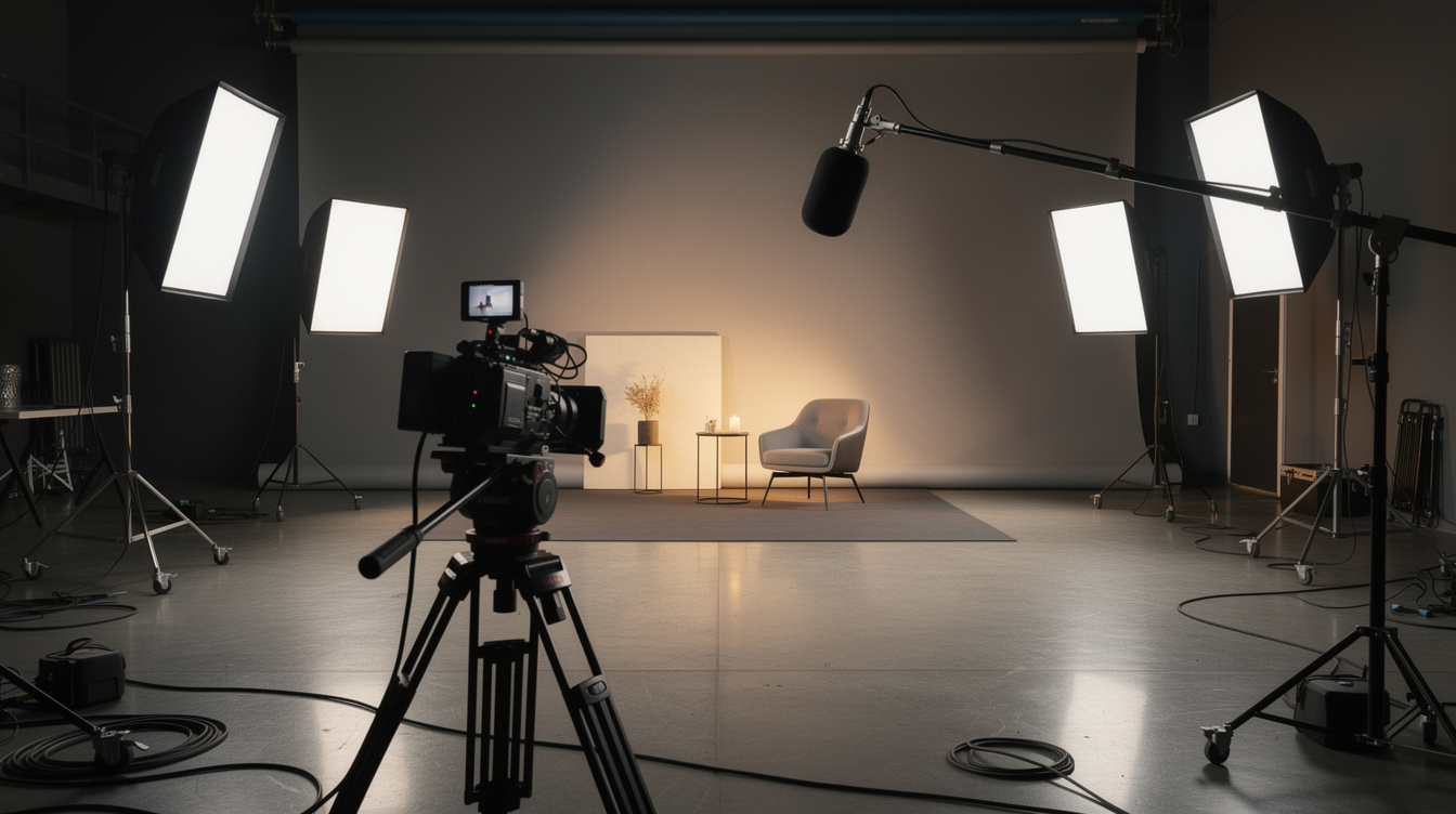 Photography studio with softbox lighting equipment set up for a shoot